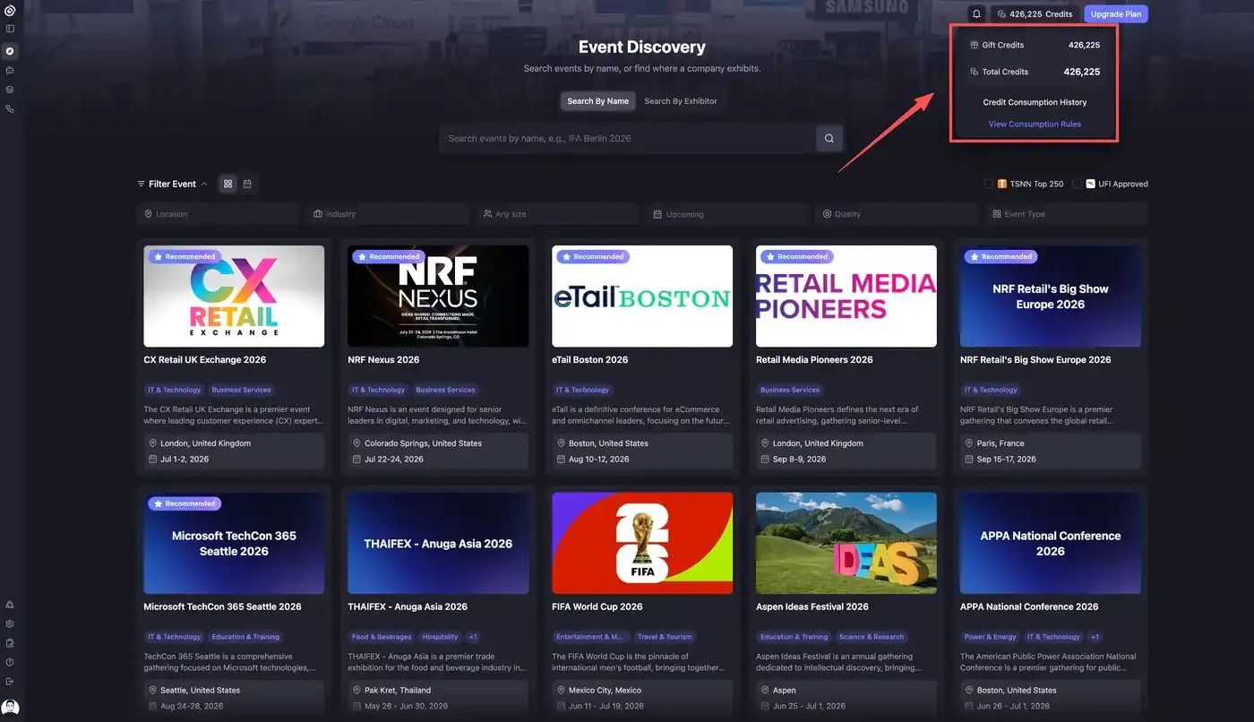 Credits menu showing Gift Credits, Total Credits, Credit Consumption History, and View Consumption Rules
