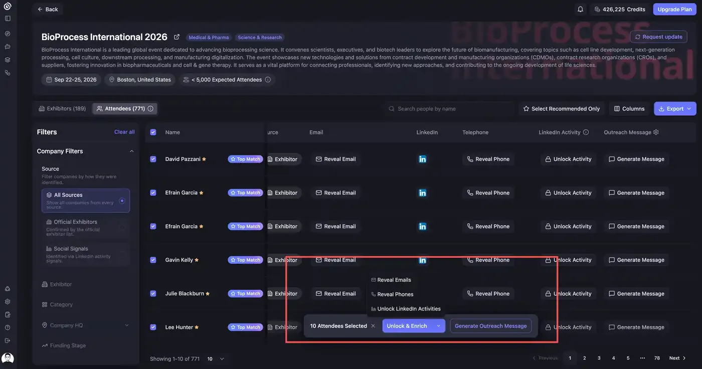 Bulk Unlock & Enrich menu for selected attendees