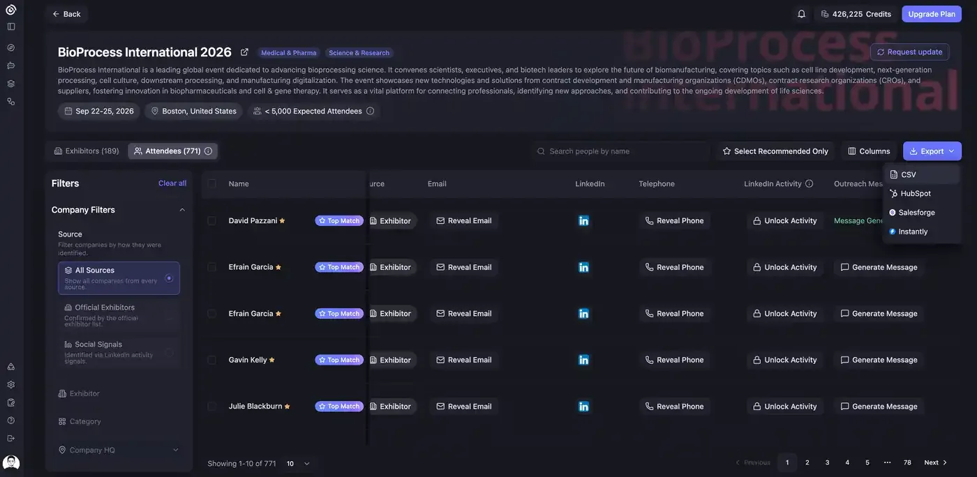 Export destination menu with CSV, HubSpot, Salesforge, and Instantly