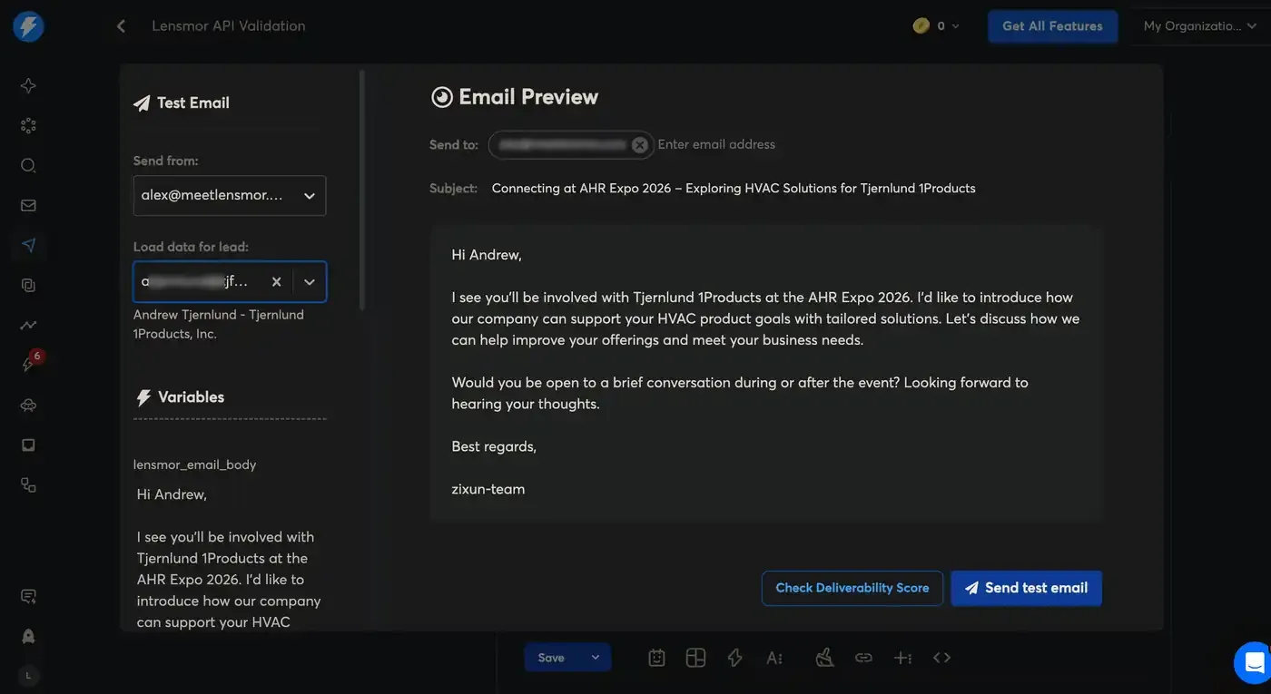 Instantly final template with Lensmor variables