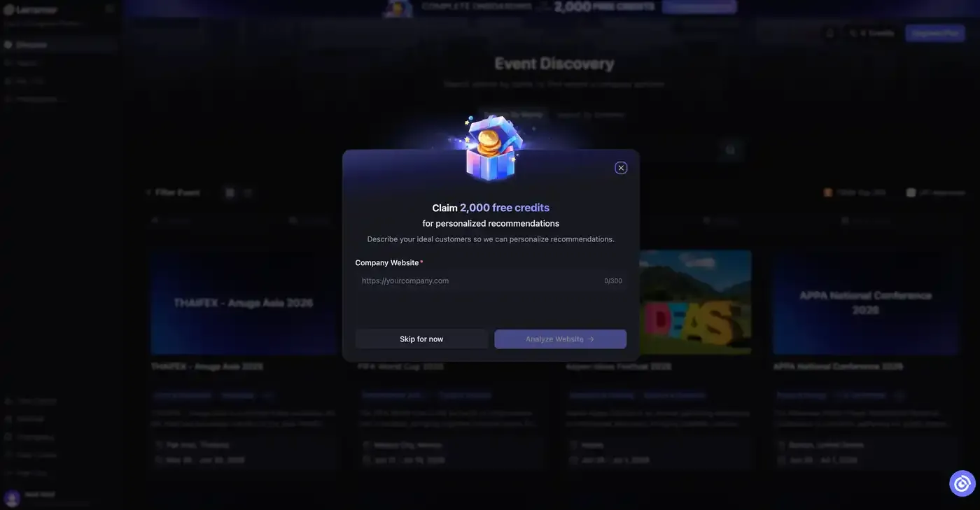 Onboarding modal asking for company website