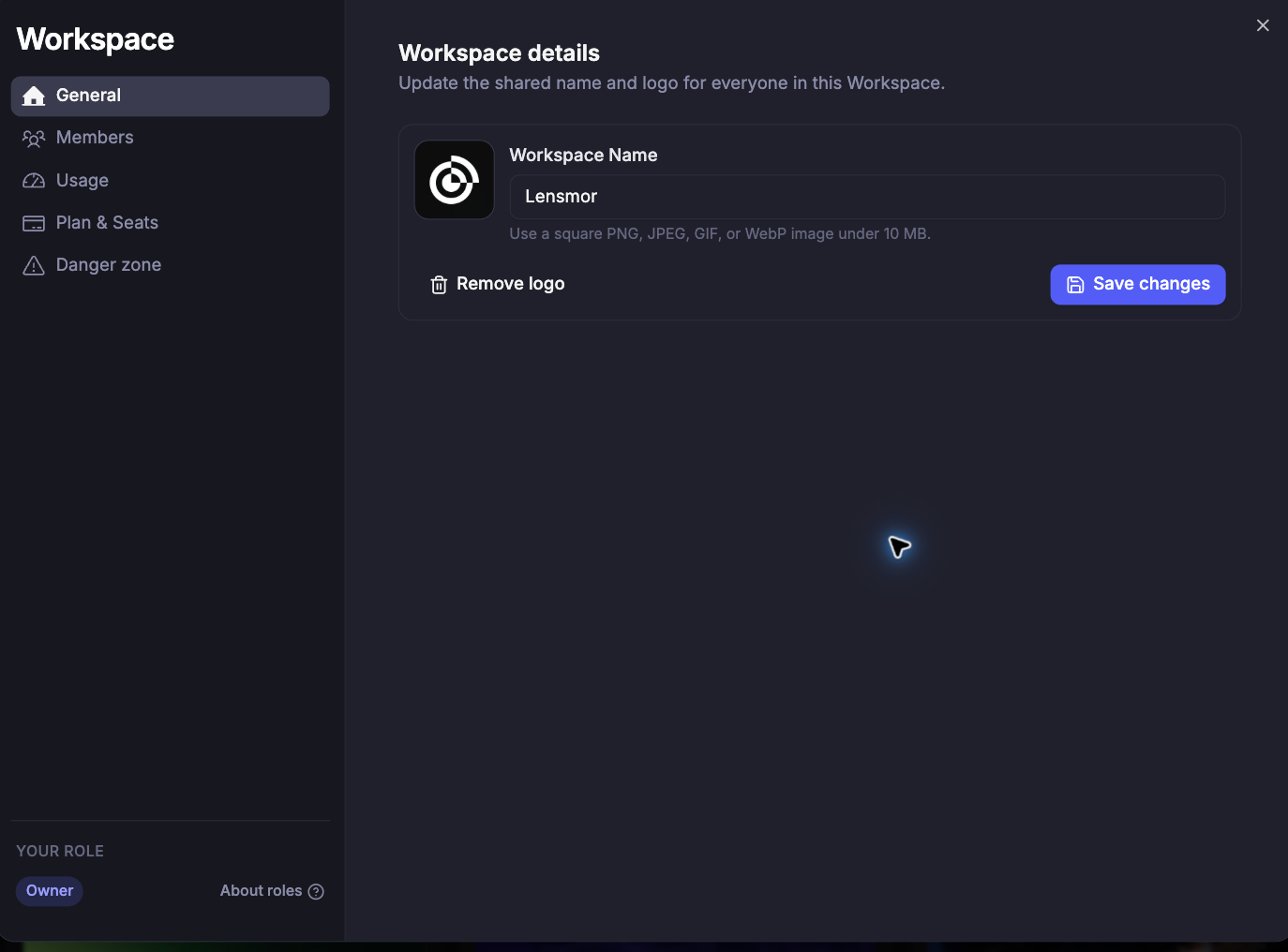Workspace General page with the management navigation, shared name, and logo