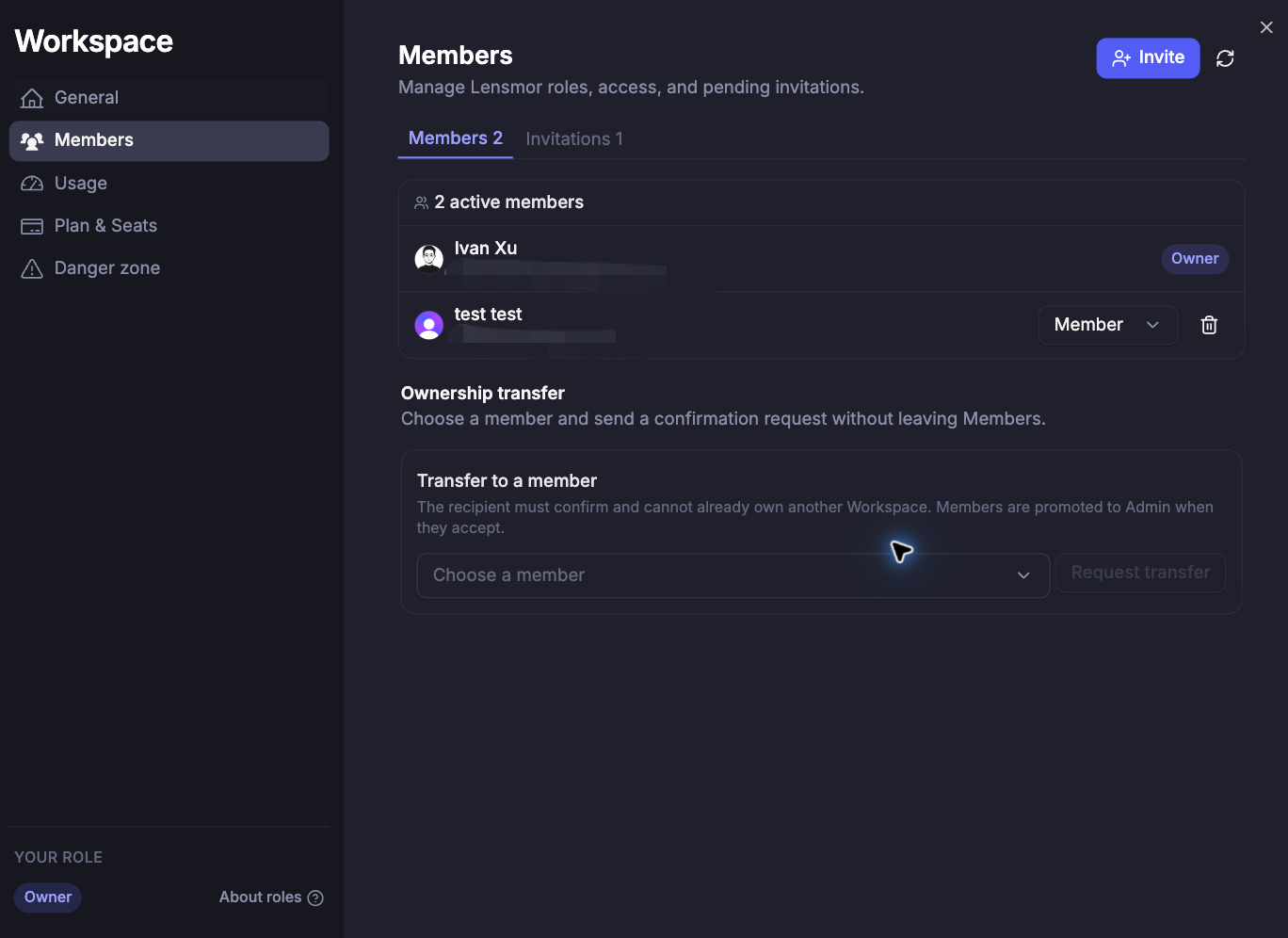 Workspace Members page showing active roles and the ownership transfer controls