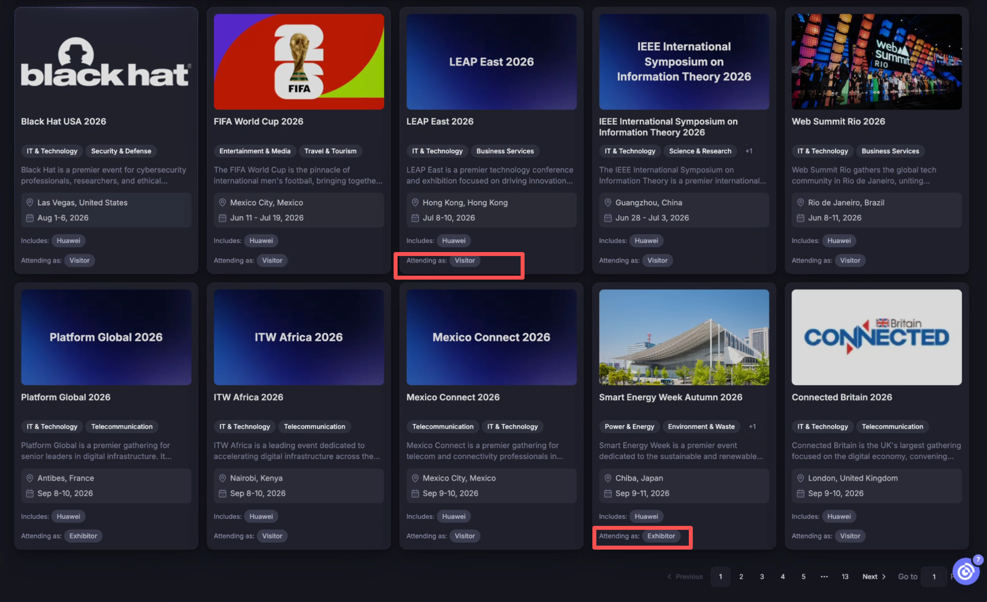 Company reverse search results showing Visitor and Exhibitor roles