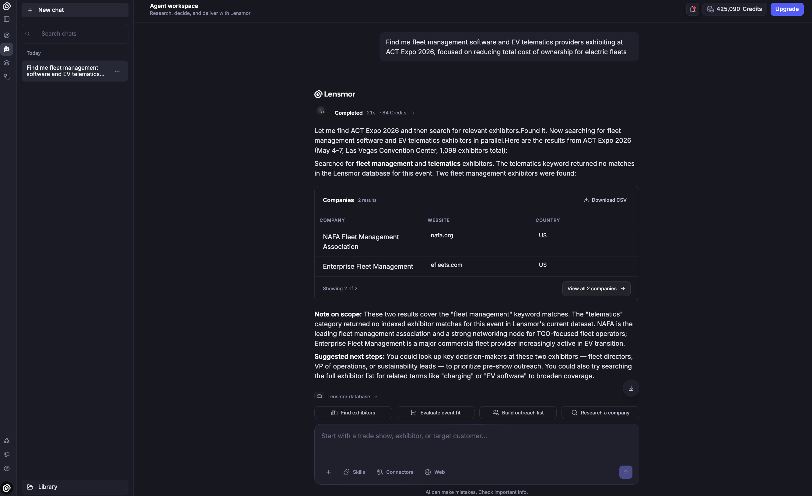 Lensmor Agent workspace with structured company results and research actions