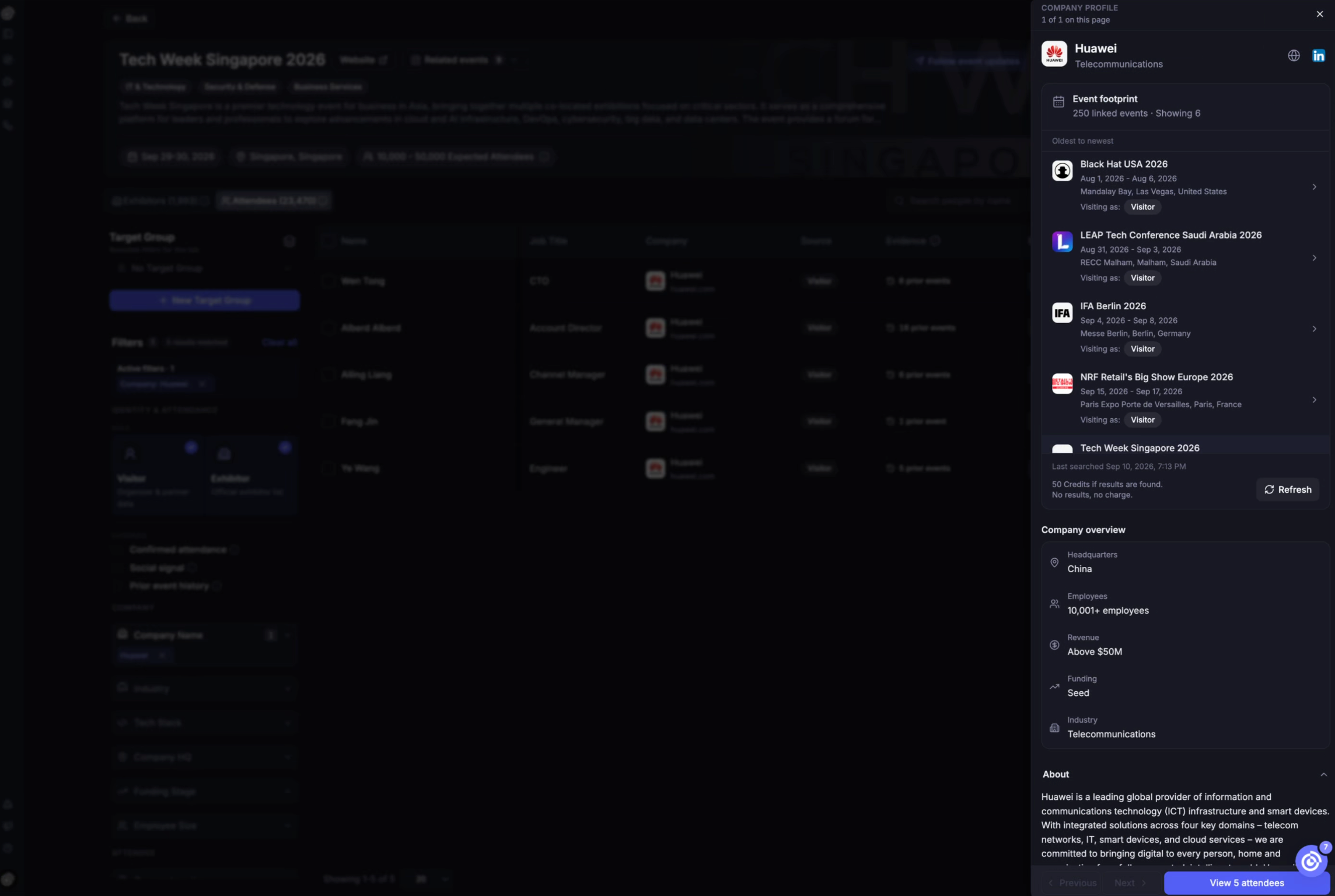 Company detail drawer with event footprint and company overview